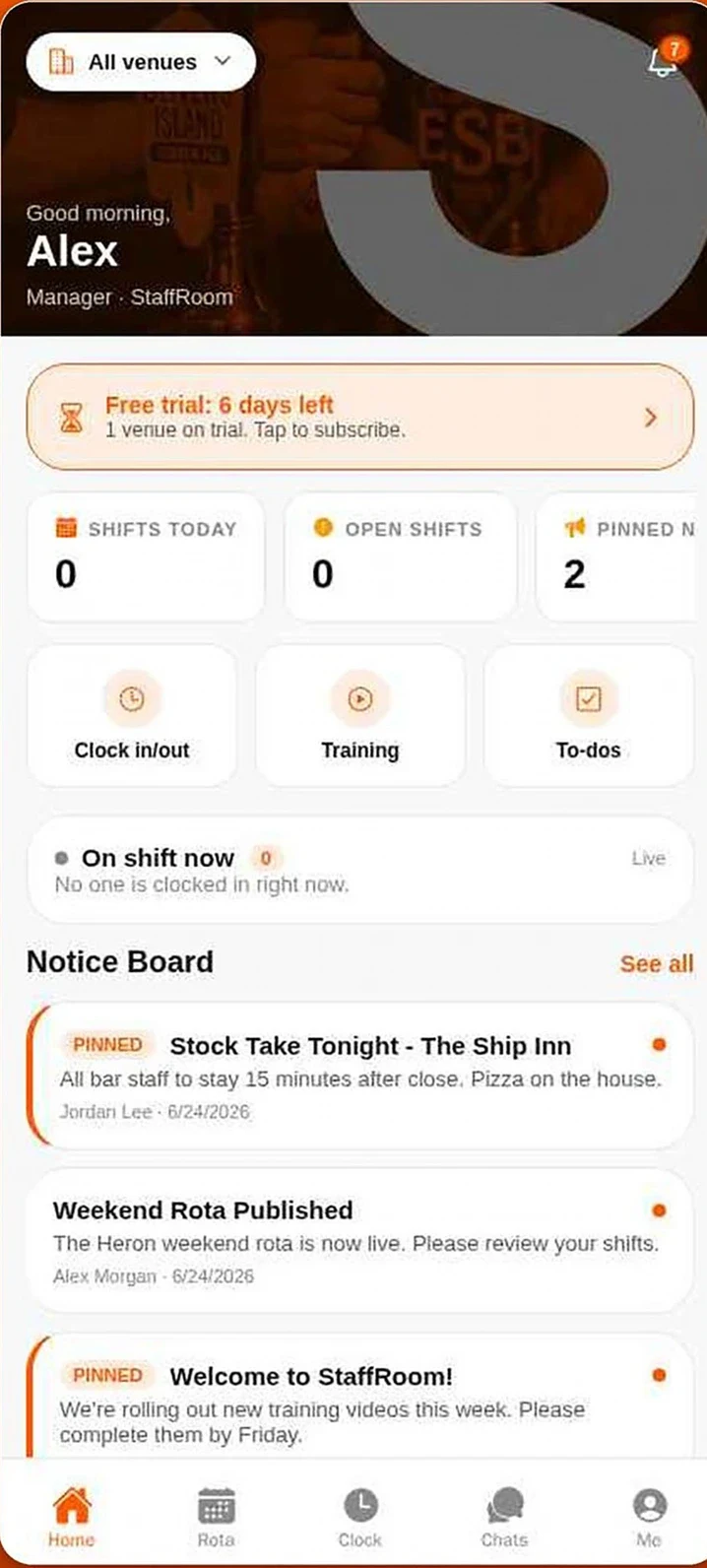 StaffRoom app home dashboard showing shifts, notice board and clock-in status
