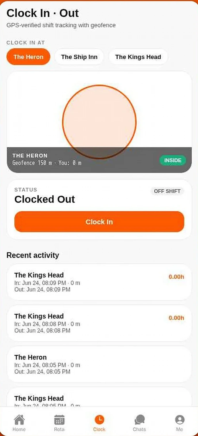 StaffRoom GPS-verified clock in screen